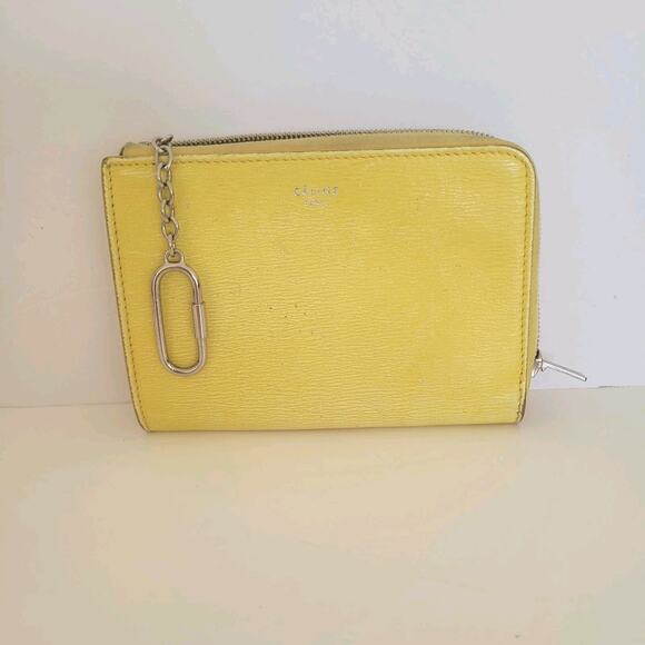 Celine Key Coin Ring Card Case Wallet Yellow Zip Medium Leather Logo Pouch Auth - Picture 1 of 11